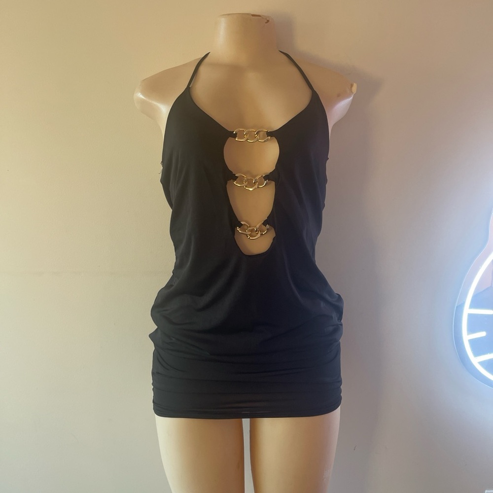 Windsor Black Halter Top with Gold Chain Accents